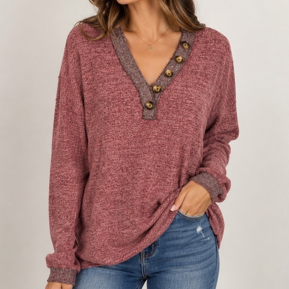 La Miel Henley Pullover Sweater Small Mauve Button Neck Cozy Cotton Blend Boho